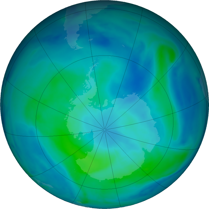 Antarctic ozone map for 01 March 2021